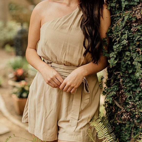 Tan One Shoulder Romper - Picture 2 of 5